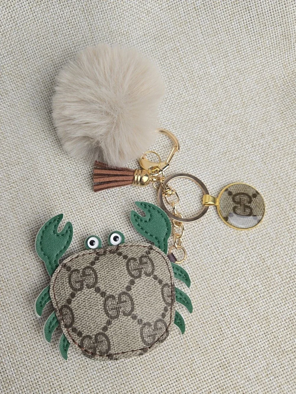 New Upcycled Gucci Crab Bag Charm Keychain 2 Keyrings Fluffy Pom Pom - Picture 1 of 2